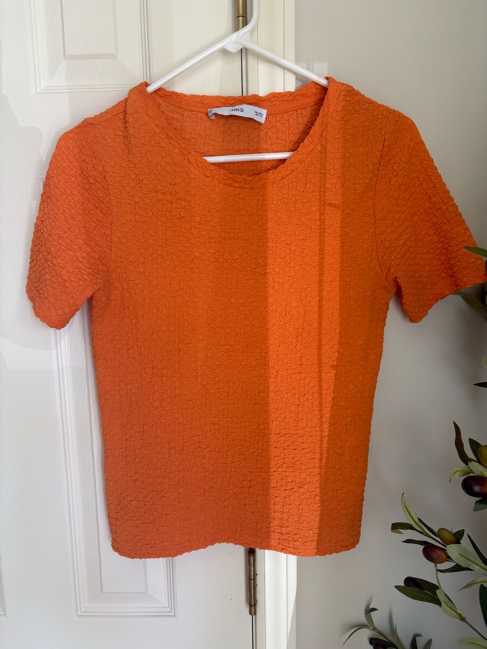 Mango Bright Orange Short Sleeve Textured Tee